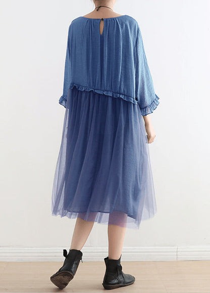2024 Royal Blue Tüll Maxi kleider Sommerkleid Halbe Ärmel