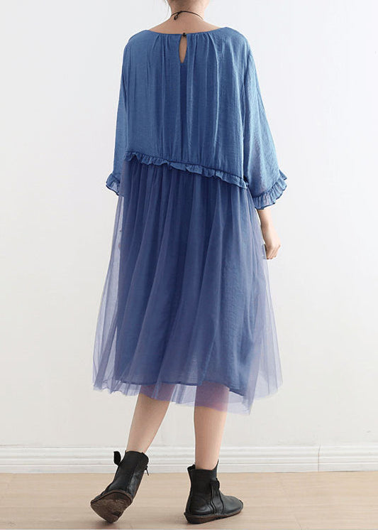 2024 Royal Blue Tüll Maxi kleider Sommerkleid Halbe Ärmel