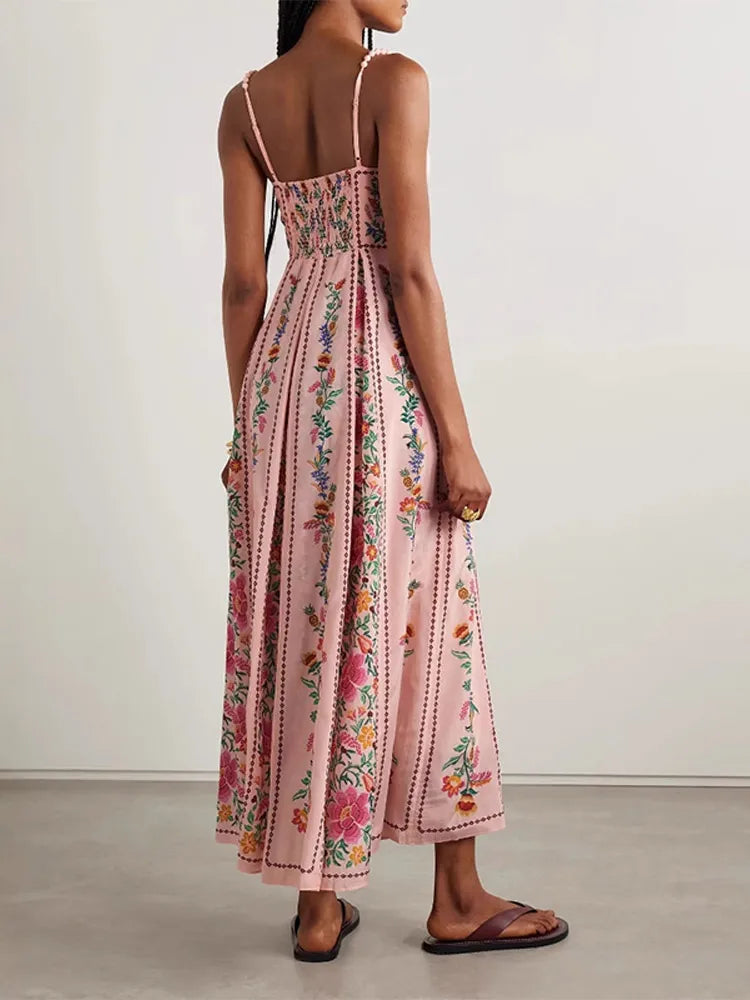Printed Sweetheart Neck Beaded Strap Maxi Dress