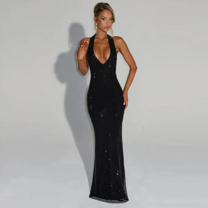 Opaline Halter V-Neck Rhinestone Maxi Dress