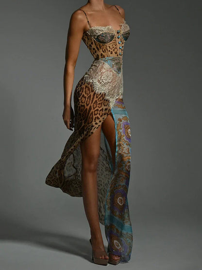 Leopard Print Lace Splice Slit Maxi Dress