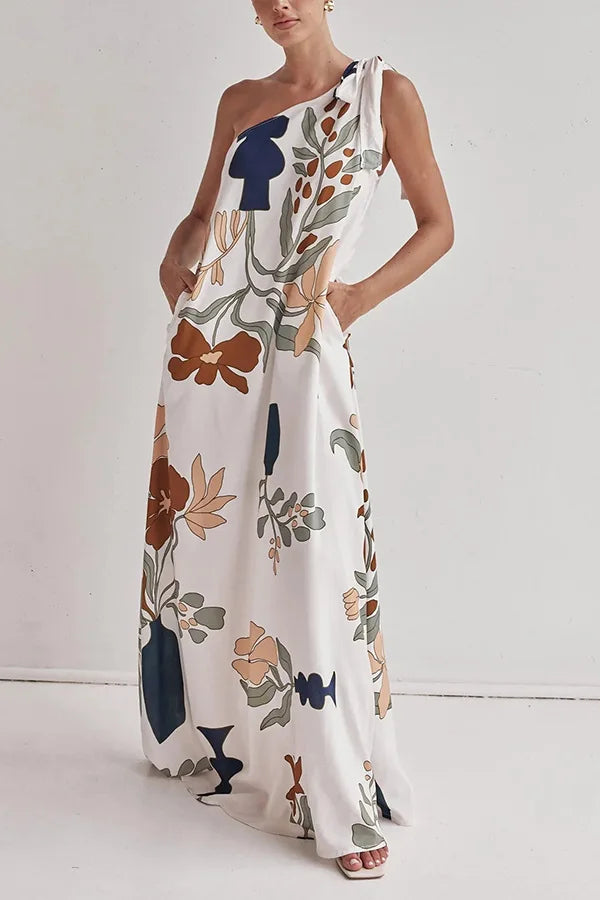 Printed One-Shoulder Tie-Up Loose Maxi Dress
