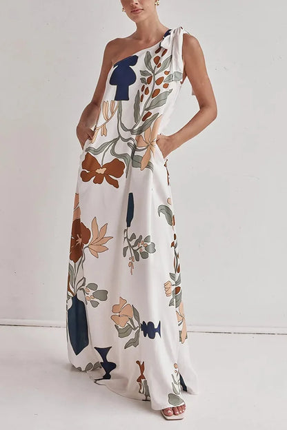 Printed One-Shoulder Tie-Up Loose Maxi Dress