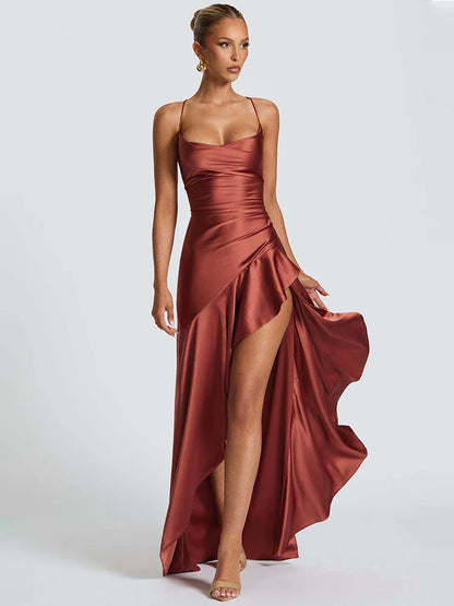 Satin Twist Cowl Neck Slit Maxi Dress