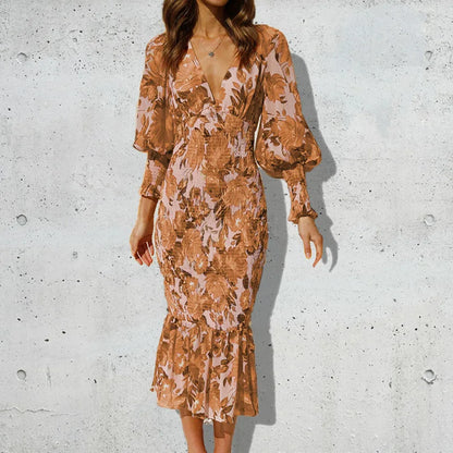 Rowena Floral Smocked Waist Bishop Sleeve Midi Dress