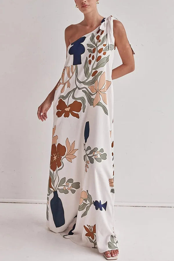 Printed One-Shoulder Tie-Up Loose Maxi Dress