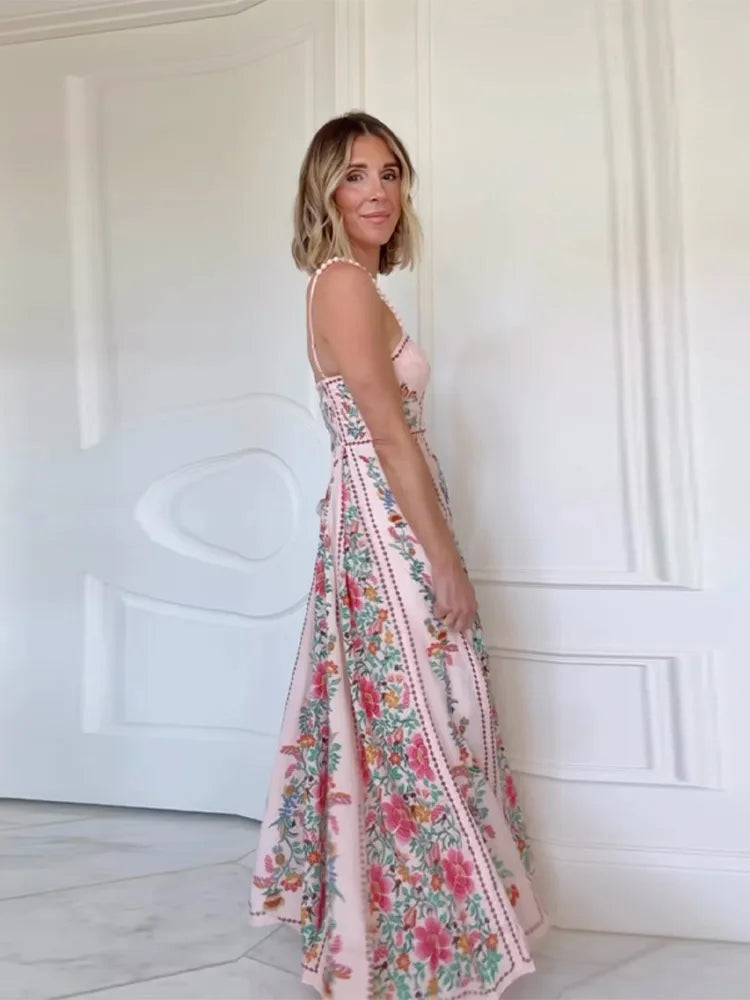 Printed Sweetheart Neck Beaded Strap Maxi Dress