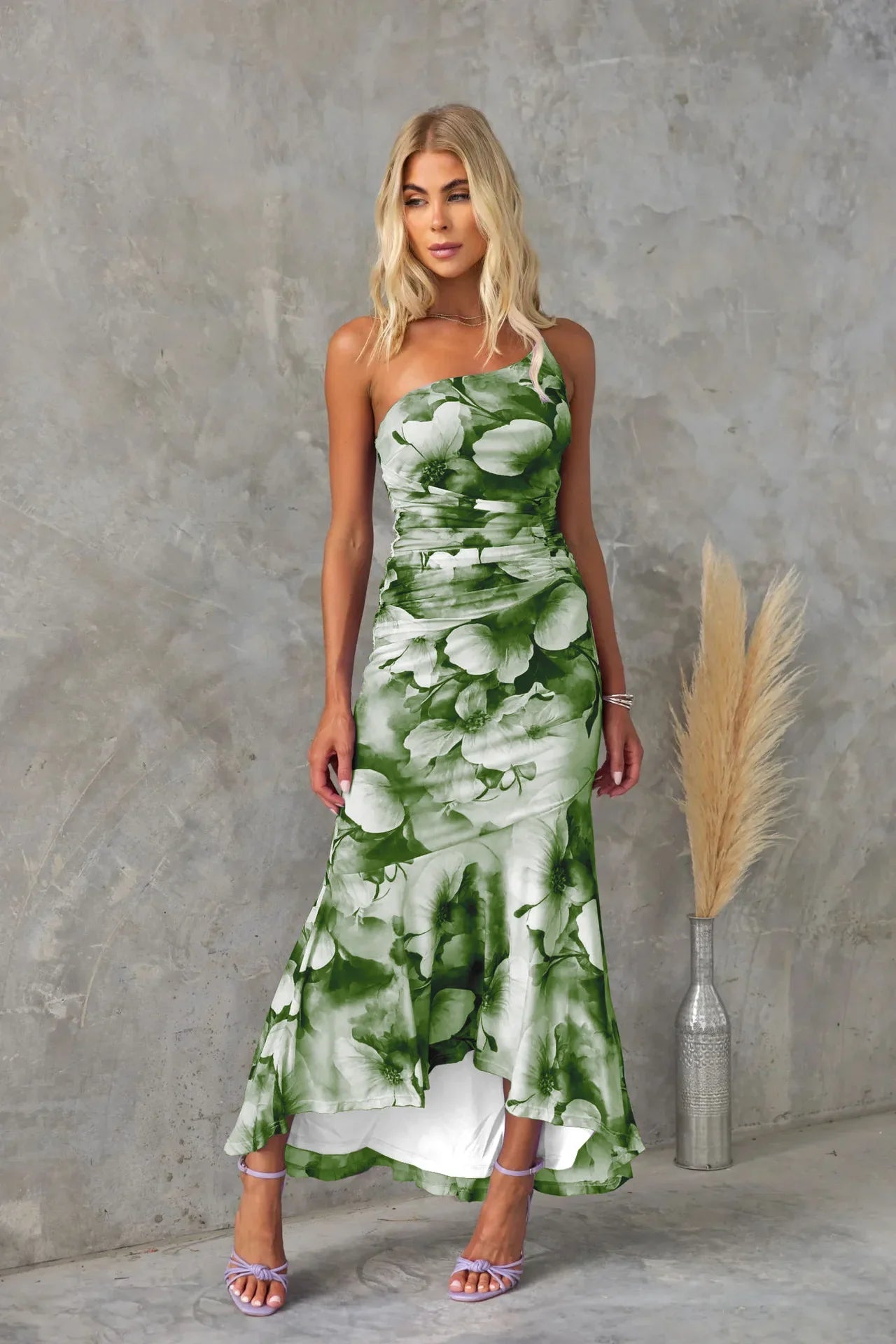 One-Shoulder Ruched Floral Mesh Maxi Dress