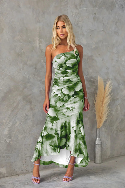 One-Shoulder Ruched Floral Mesh Maxi Dress