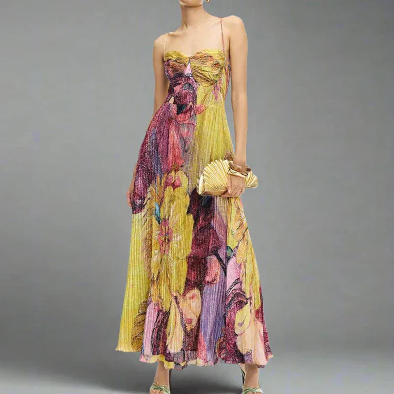 Floral Sweetheart Neck Pleated Maxi Dress