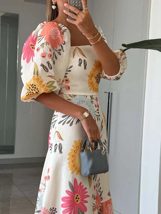 Embrace the Glamour Linen Blend Printed Puff Sleeve Maxi Dress