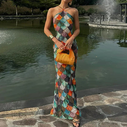 Sequin Print Open-Back Stretch Maxi Dress