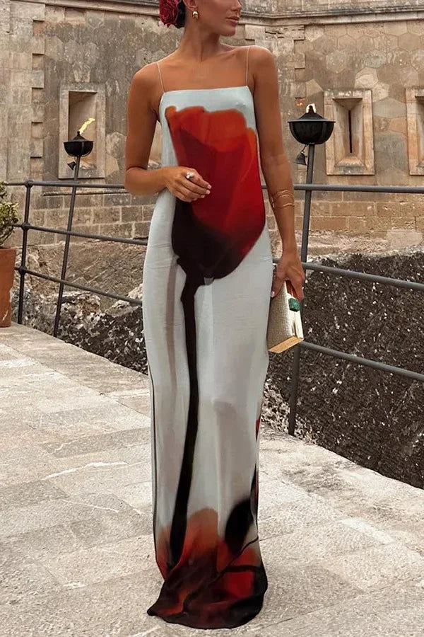 Abstract Tulip Print Slip H-Line Maxi Dress