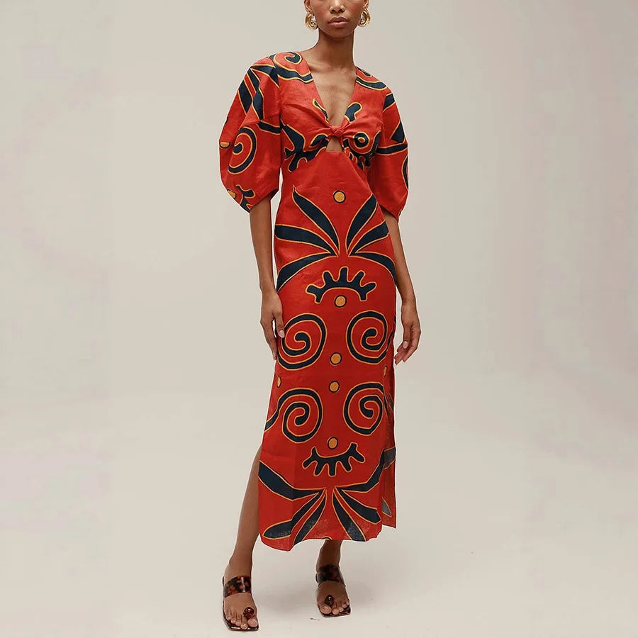 Multicolor Striped Lace-Up Bell Sleeve Slit Midi Dress