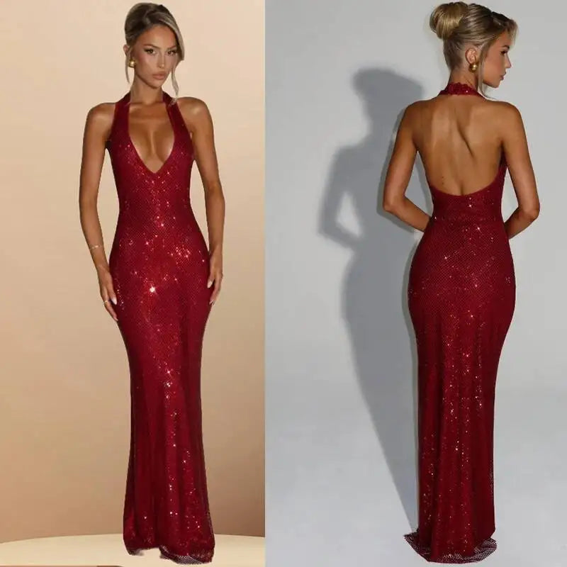 Opaline Halter V-Neck Rhinestone Maxi Dress