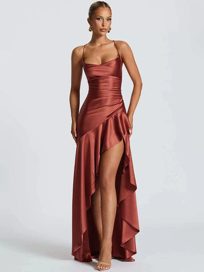 Satin Twist Cowl Neck Slit Maxi Dress