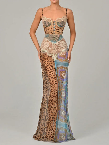 Leopard Print Lace Splice Slit Maxi Dress