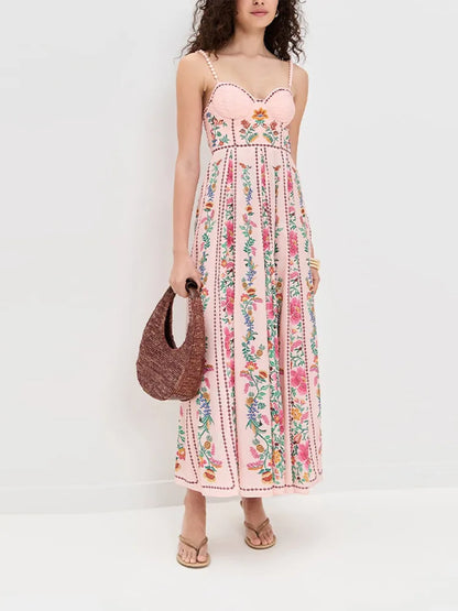 Printed Sweetheart Neck Beaded Strap Maxi Dress
