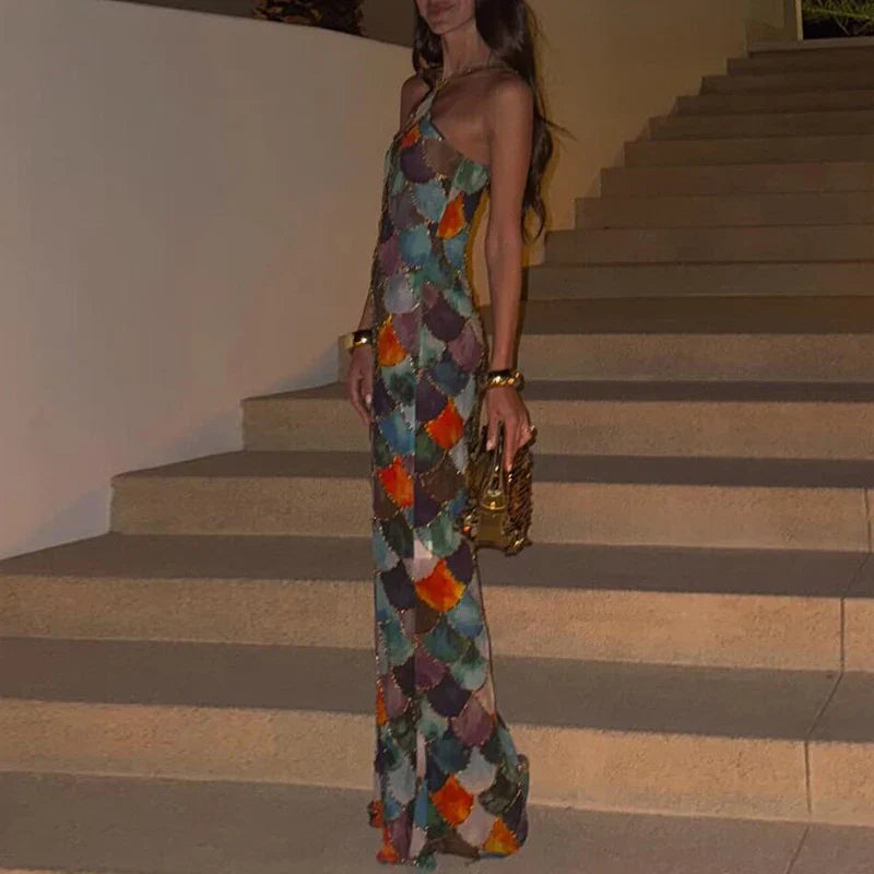 Sequin Print Open-Back Stretch Maxi Dress