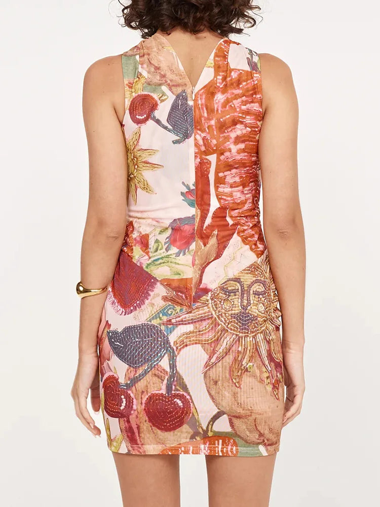 Mesh Printed Twist Cutout Off-Shoulder Maxi Dress