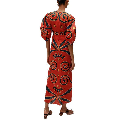 Multicolor Striped Lace-Up Bell Sleeve Slit Midi Dress
