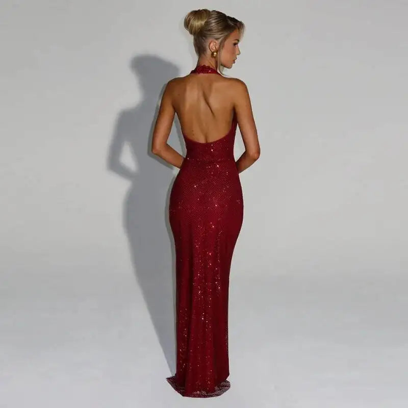 Opaline Halter V-Neck Rhinestone Maxi Dress