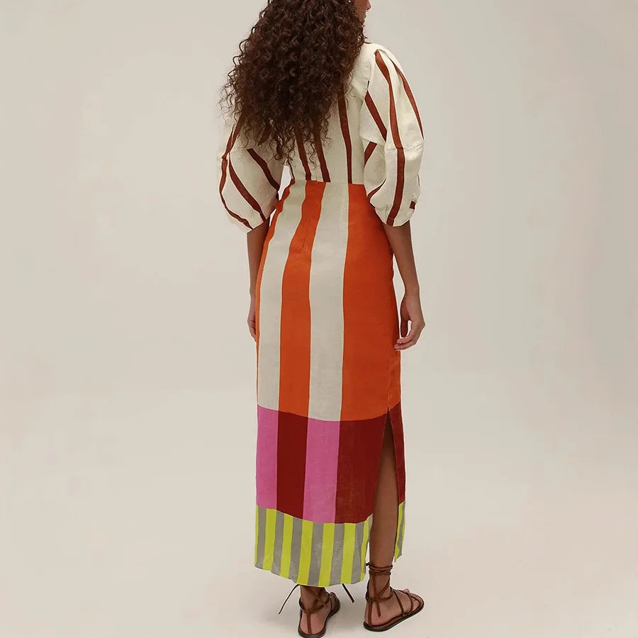 Multicolor Striped Lace-Up Bell Sleeve Slit Midi Dress
