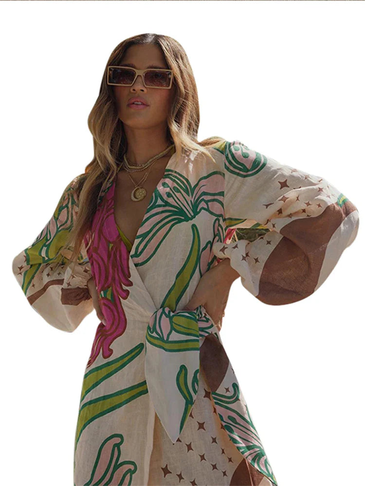 Printed Balloon Sleeve Tie-Up Maxi Dress