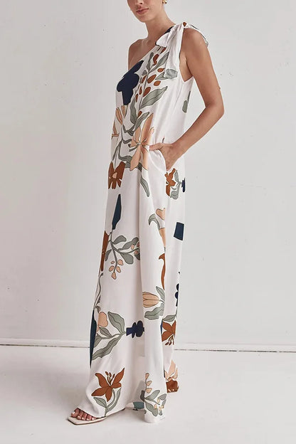 Printed One-Shoulder Tie-Up Loose Maxi Dress
