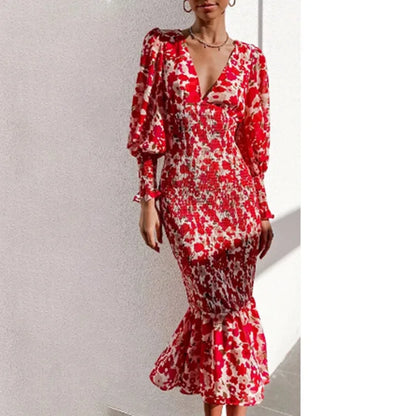 Rowena Floral Smocked Waist Bishop Sleeve Midi Dress
