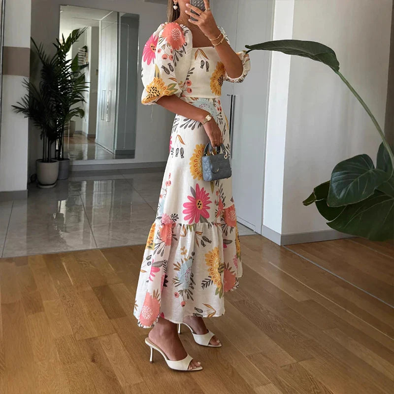 Embrace the Glamour Linen Blend Printed Puff Sleeve Maxi Dress