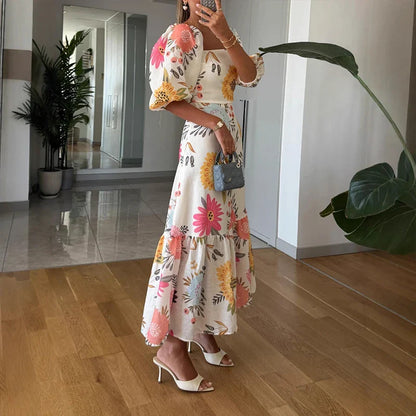 Embrace the Glamour Linen Blend Printed Puff Sleeve Maxi Dress