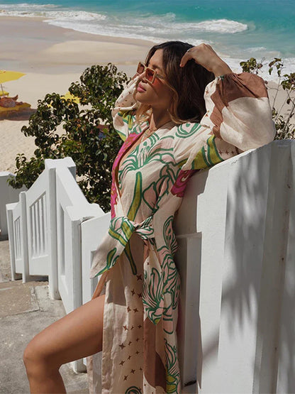 Printed Balloon Sleeve Tie-Up Maxi Dress