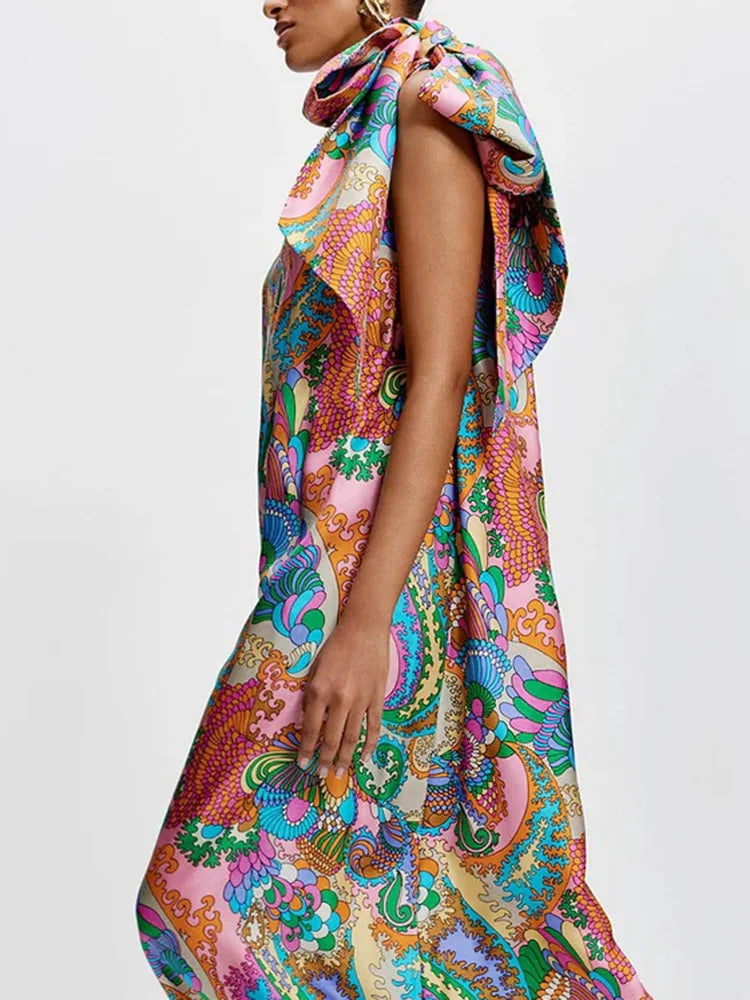 Neon Print Cutout Back Tie-Up Maxi Dress