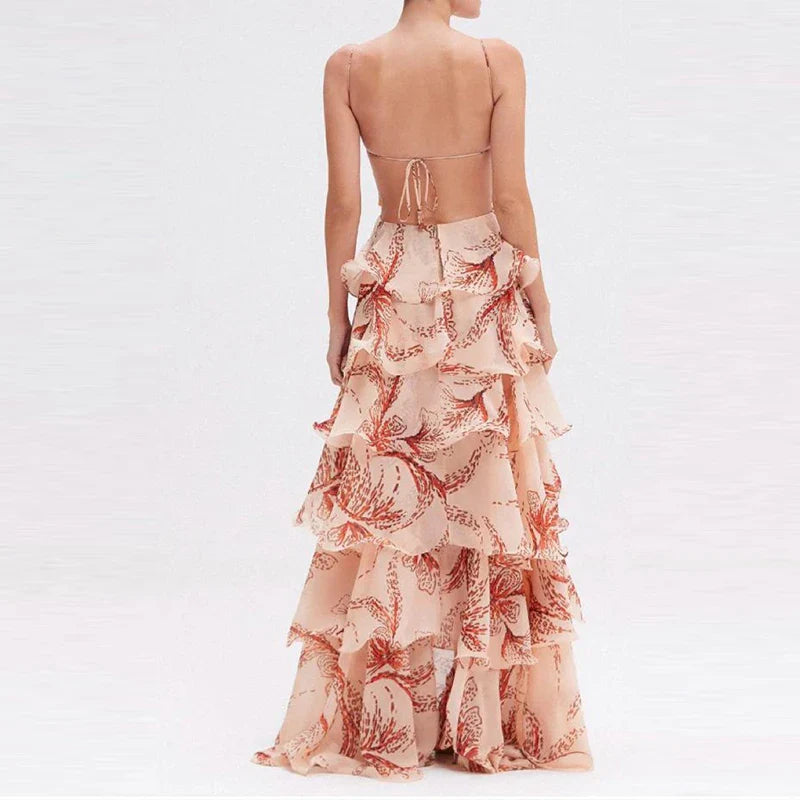 Butterfly Print Tiered Halter Maxi Dress