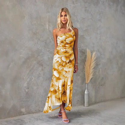 One-Shoulder Ruched Floral Mesh Maxi Dress