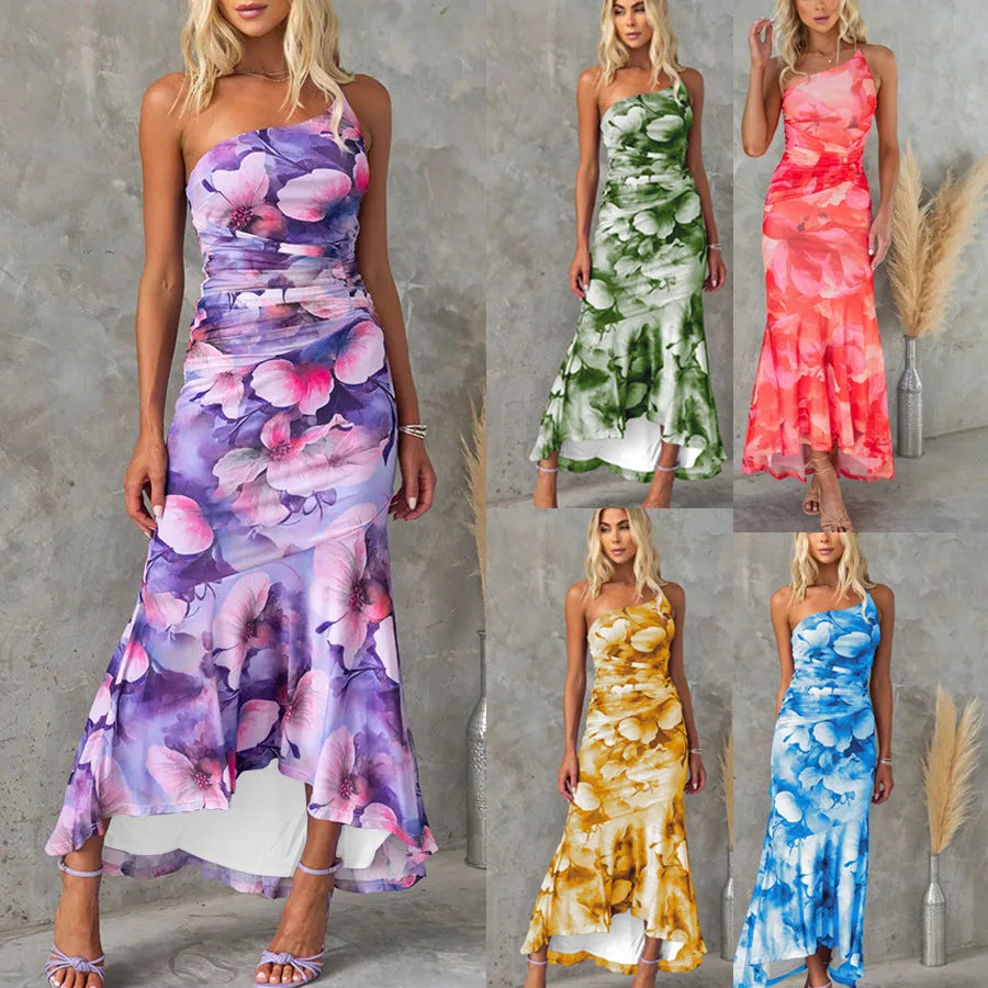 One-Shoulder Ruched Floral Mesh Maxi Dress