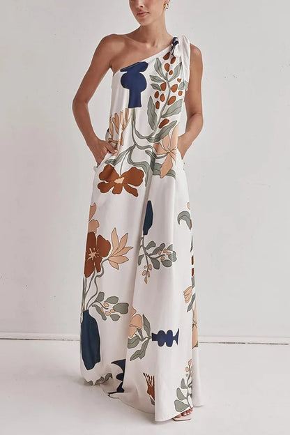 Printed One-Shoulder Tie-Up Loose Maxi Dress