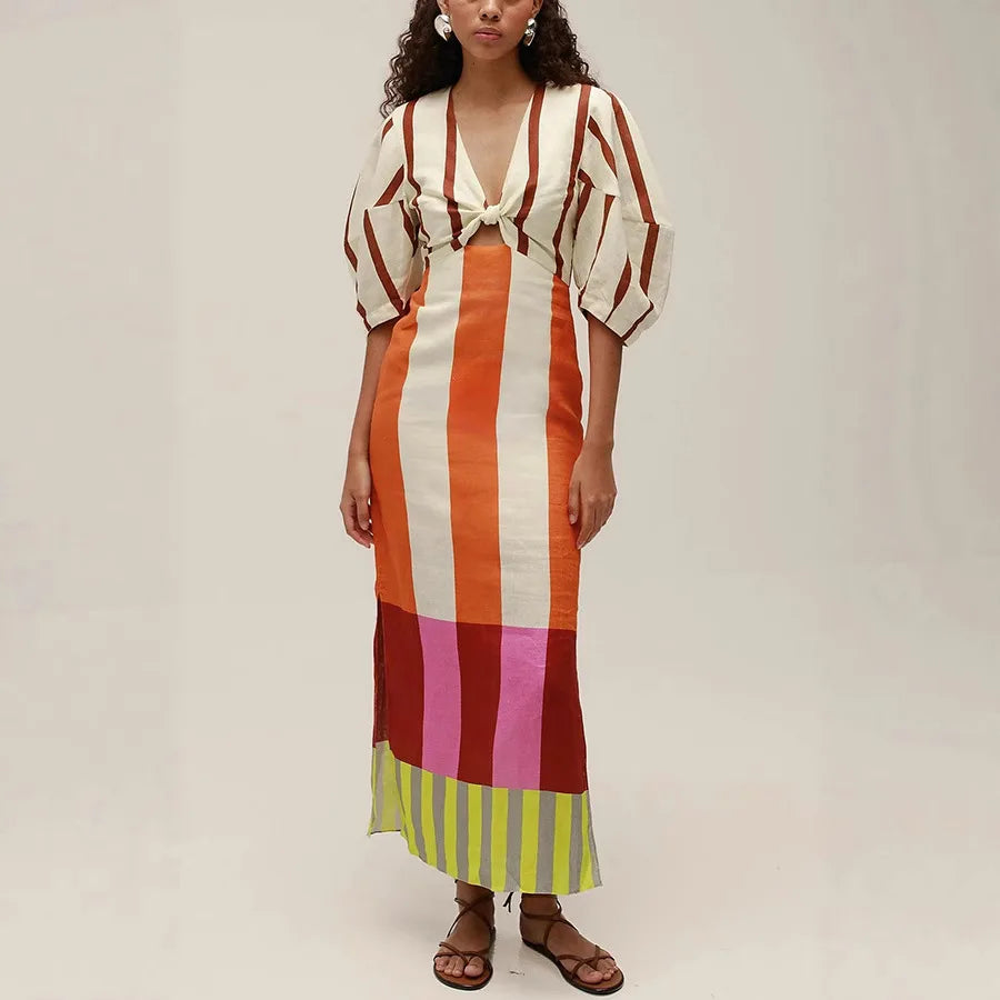 Multicolor Striped Lace-Up Bell Sleeve Slit Midi Dress