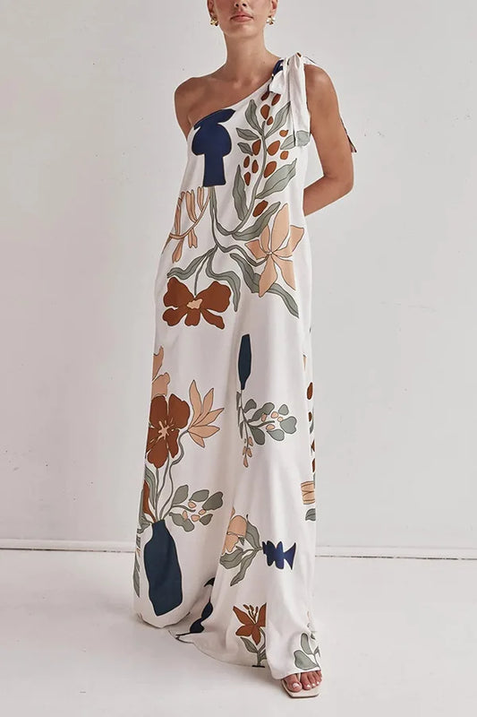 Printed One-Shoulder Tie-Up Loose Maxi Dress
