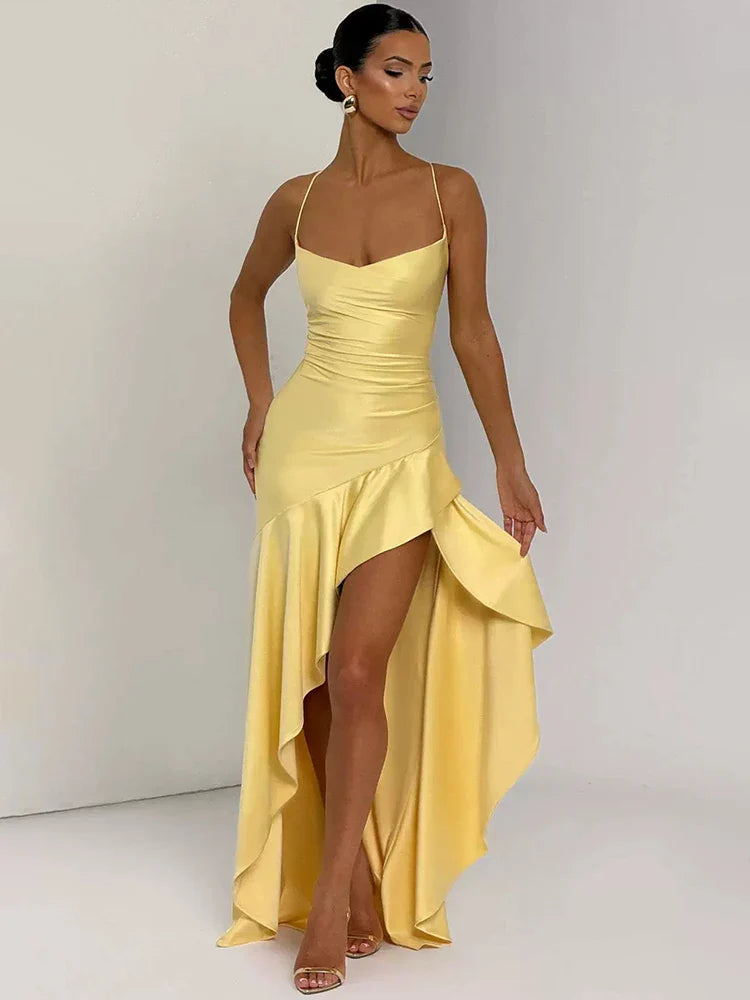 Satin Twist Cowl Neck Slit Maxi Dress