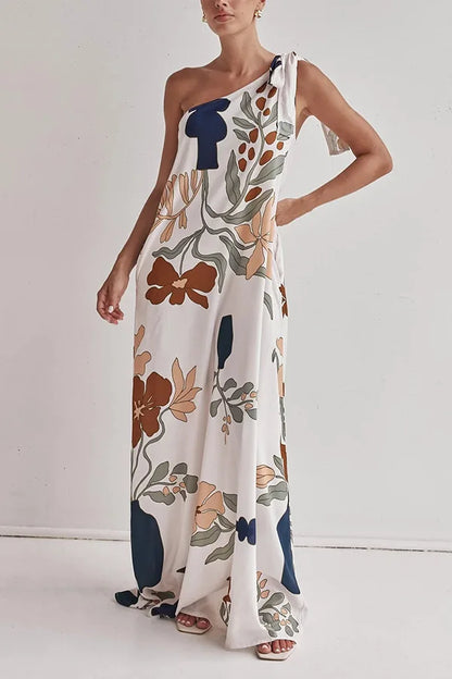 Printed One-Shoulder Tie-Up Loose Maxi Dress