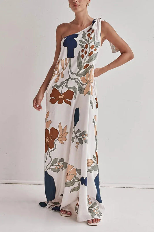 Printed One-Shoulder Tie-Up Loose Maxi Dress