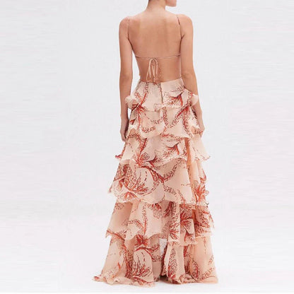 Butterfly Print Tiered Halter Maxi Dress