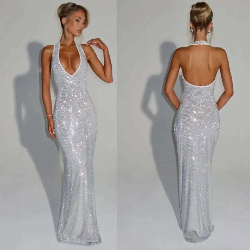 Opaline Halter V-Neck Rhinestone Maxi Dress