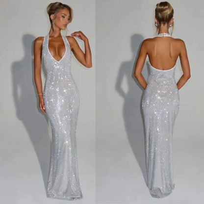 Opaline Halter V-Neck Rhinestone Maxi Dress