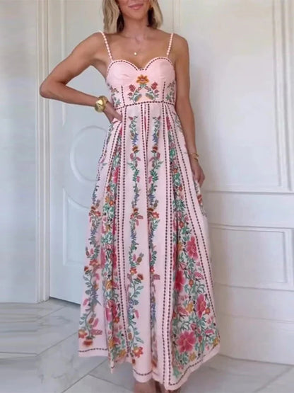 Printed Sweetheart Neck Beaded Strap Maxi Dress