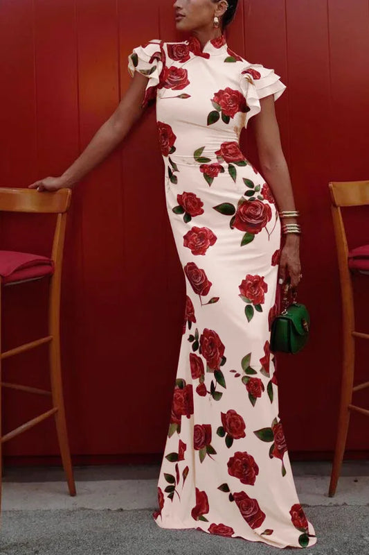 Printed Linen Blend Puff Sleeve Maxi Dress