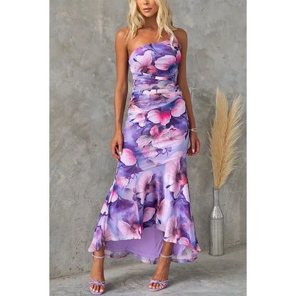 One-Shoulder Ruched Floral Mesh Maxi Dress