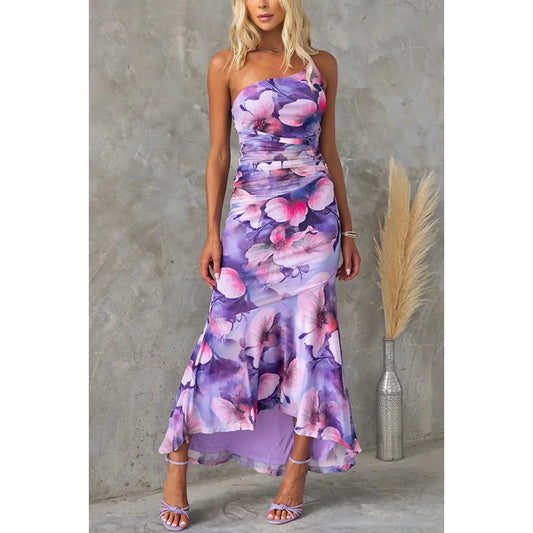 One-Shoulder Ruched Floral Mesh Maxi Dress